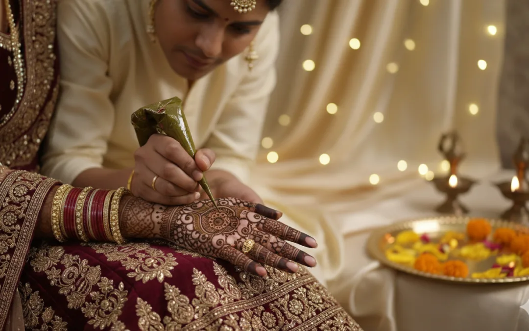 Best Bridal Mehndi Artist applying intricate organic henna design on a bride's hands in Sector 15, Panchkula by Krishna Mehandi Art.