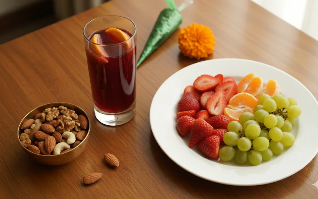 A beautiful spread of healthy fruits, nuts, and fresh juice on a table next to a bridal Mehndi cone.