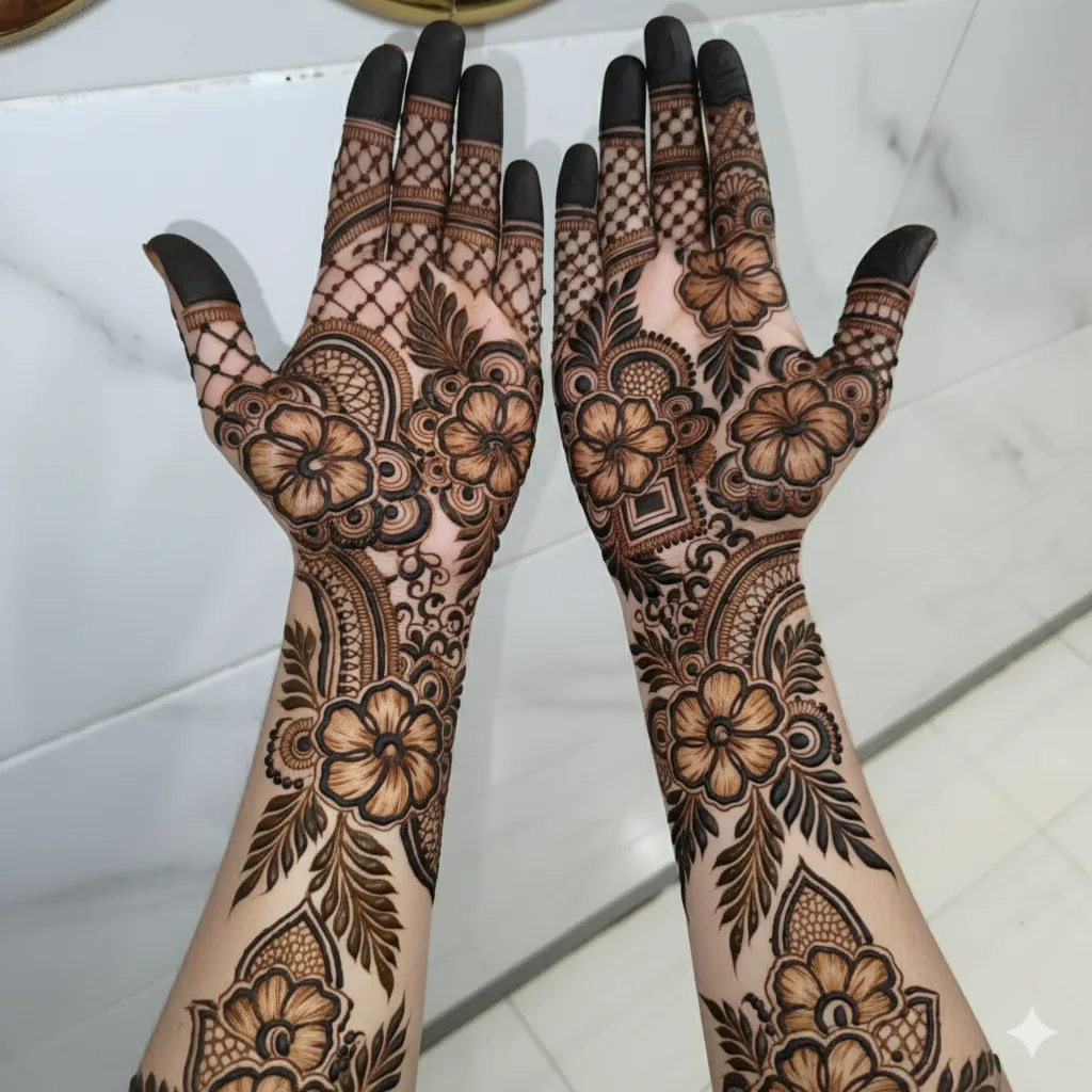 Close-up of a woman's hands and forearms adorned with an elegant Arabic mehndi design, featuring large shaded floral motifs, leafy vines, geometric netting on the fingers, and solid dark fingertips, beautifully applied by Krishna Mehandi Art in Sector 7, Panchkula.