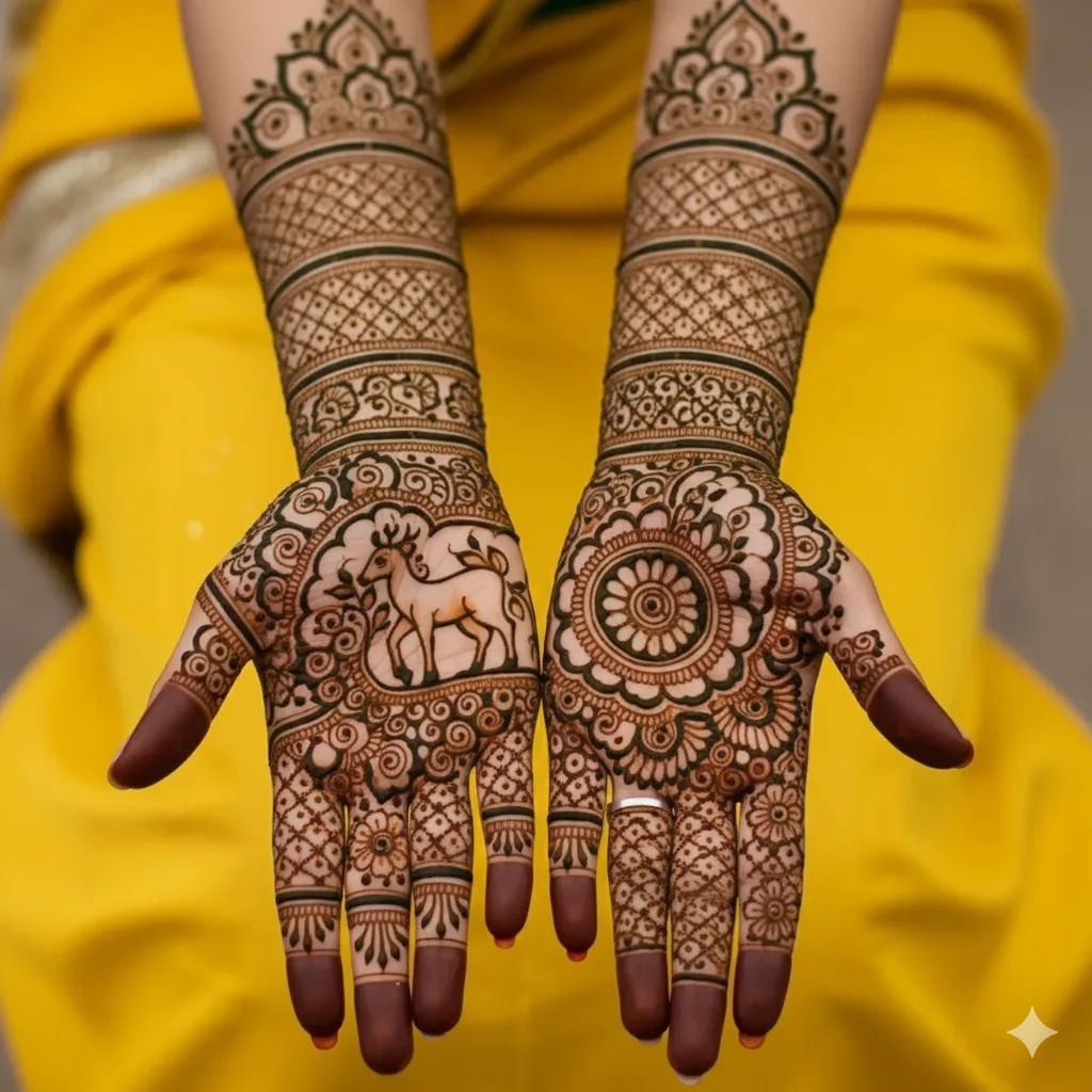 Close-up of a woman's hands showcasing intricate traditional henna. The left palm features a unique deer motif, while the right palm displays a detailed circular floral mandala, created by Krishna Mehandi Art in Sector 7, Panchkula. The background features a vibrant yellow dress.