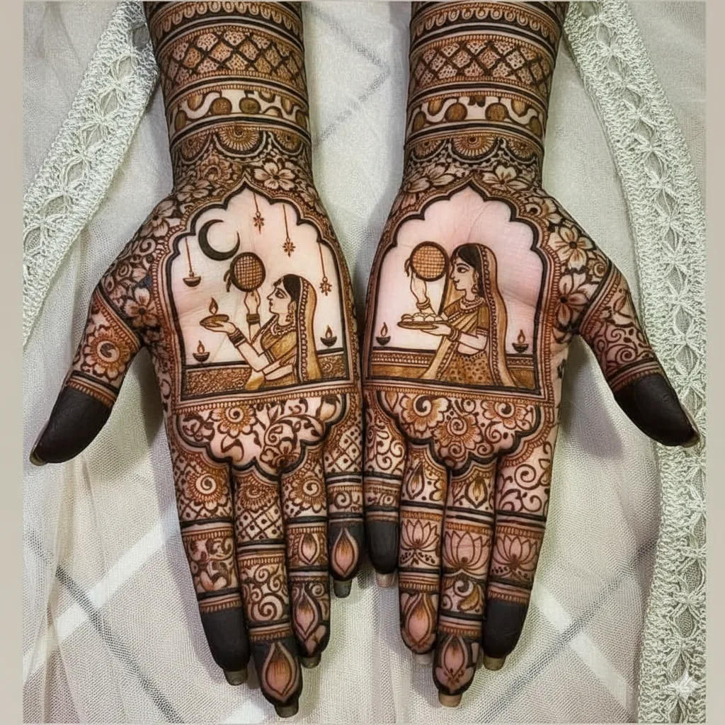 Close-up of a woman's hands featuring a detailed Karwa Chauth special mehndi design. The intricate henna artistry showcases a custom portrait of a woman performing the traditional ritual, looking at the crescent moon through a sieve (channi), applied by Krishna Mehandi Art in Sector 7, Panchkula.