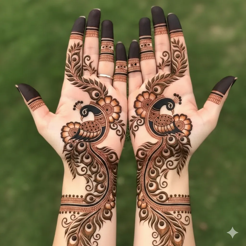 Close-up of a woman's hands showcasing a stunning symmetrical peacock mehndi design with intricate flowing tail feathers, floral motifs, and solid dark fingertips, skillfully applied by Krishna Mehandi Art in Sector 7, Panchkula.