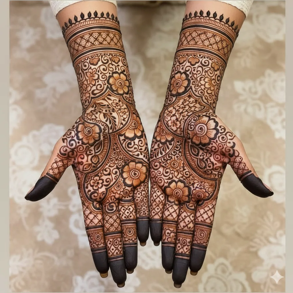 Close-up of a woman's hands featuring a dark, intricate traditional full-hand mehndi design showcasing bold floral motifs, swirling vines, delicate leaf patterns, and geometric jaal (netting) on the fingers, masterfully applied by Krishna Mehandi Art in Sector 7, Panchkula.