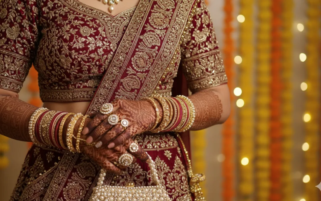 A beautiful Indian bride showing off her dark, intricate bridal mehndi design in Chandigarh Tricity.