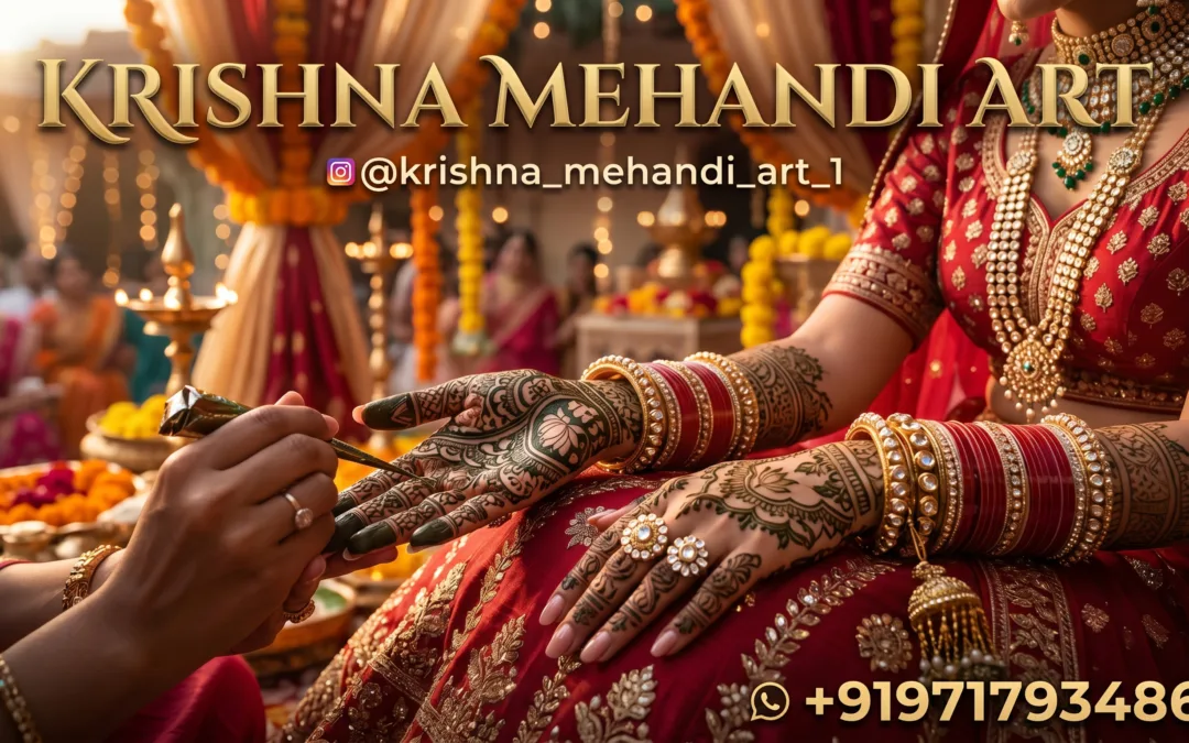 Close up of traditional bridal mehndi application on a bride's hands by Krishna Mehandi Art, the best bridal mehndi artist. The banner displays booking contact number +919717934861 and Instagram handle @krishna_mehandi_art_1