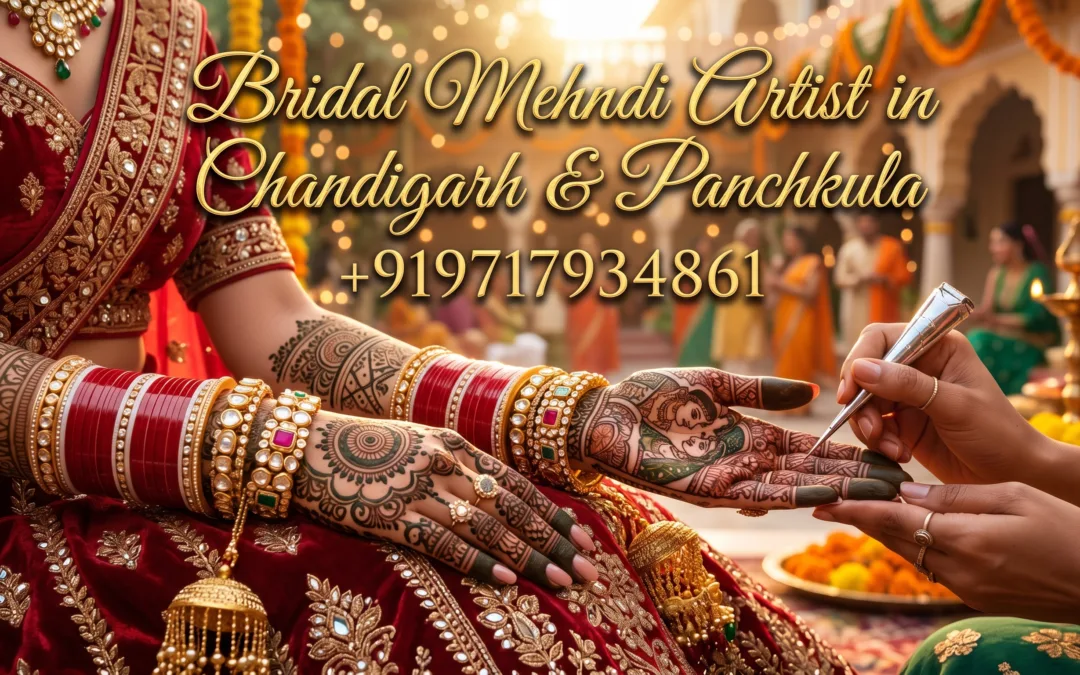 Close-up of a professional artist applying intricate traditional portrait mehndi on an Indian bride's hands. The banner displays the text Bridal Mehndi Artist in Chandigarh & Panchkula along with the booking number +919717934861.