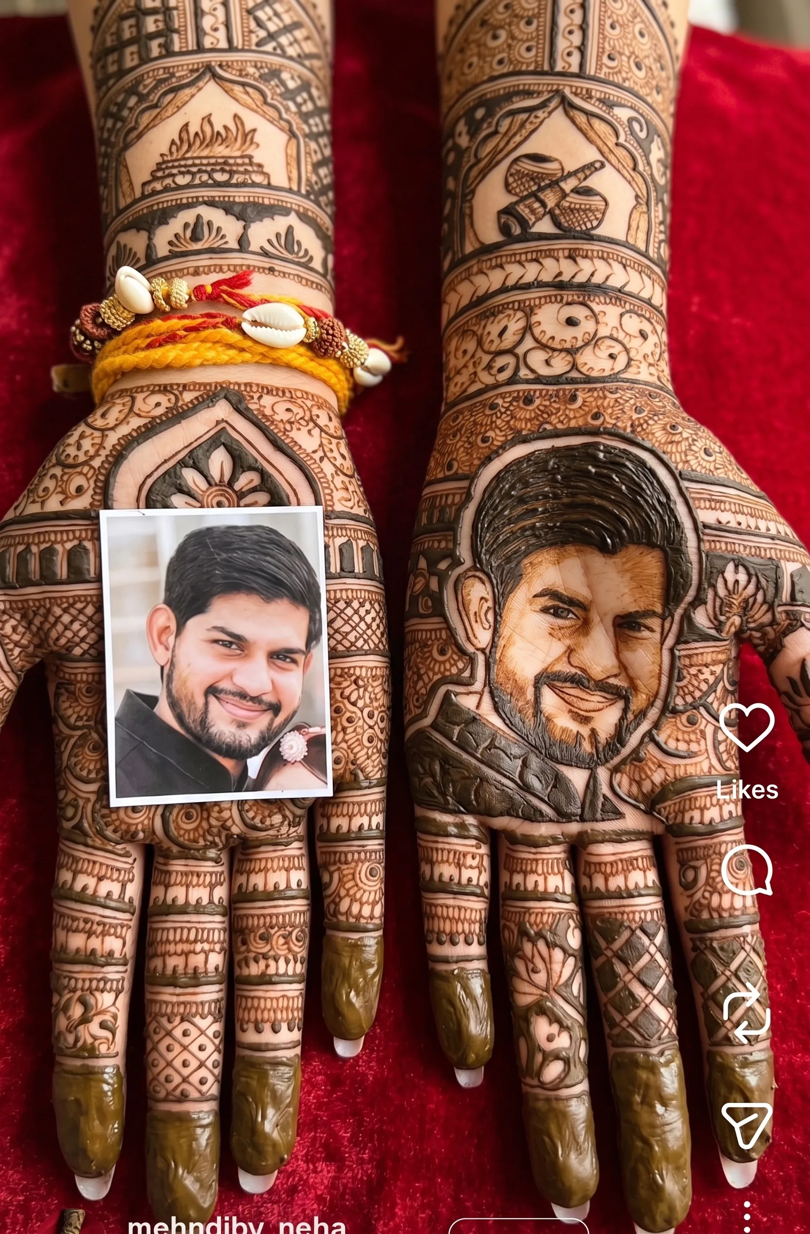 Custom bridal mehndi design featuring a highly realistic groom portrait drawn on the palm alongside the original reference photo, created by top Chandigarh henna artist Krishna Mehandi Art.