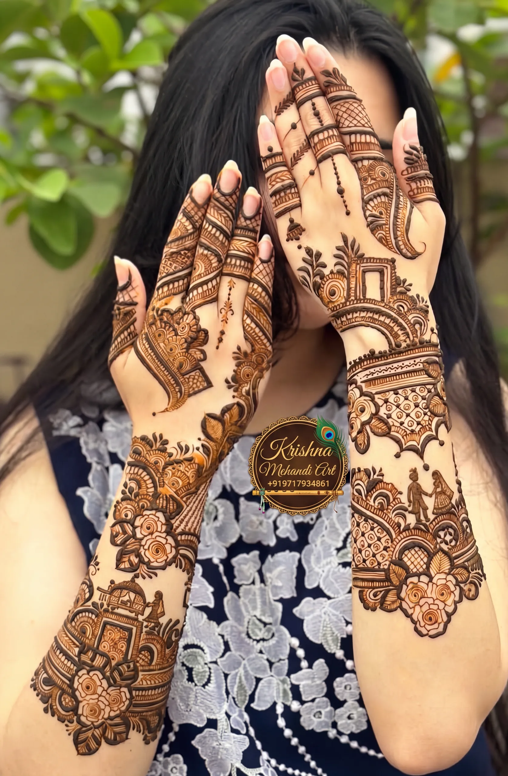 Elegant back-hand bridal mehndi design featuring intricate floral motifs, delicate grid patterns, and traditional wedding figures, created by top Chandigarh henna artist Krishna Mehandi Art.
