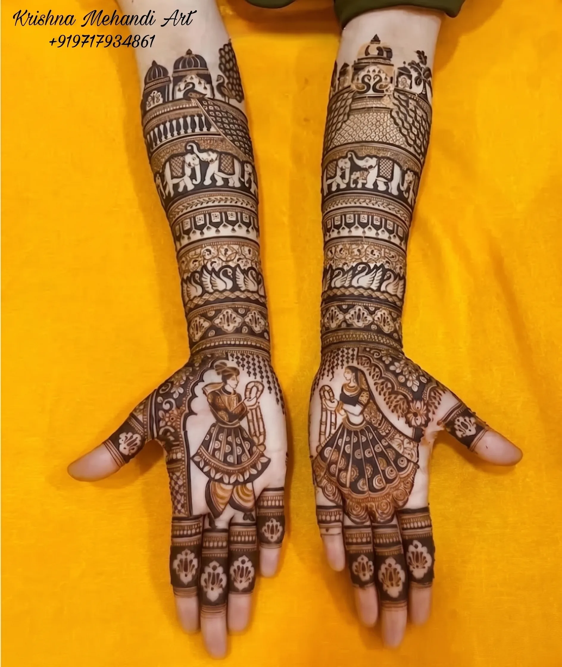 Detailed full-hand bridal mehndi design featuring intricate bride and groom portraits, elephants, and palace motifs, created by top henna designer Krishna Mehandi Art in Chandigarh.