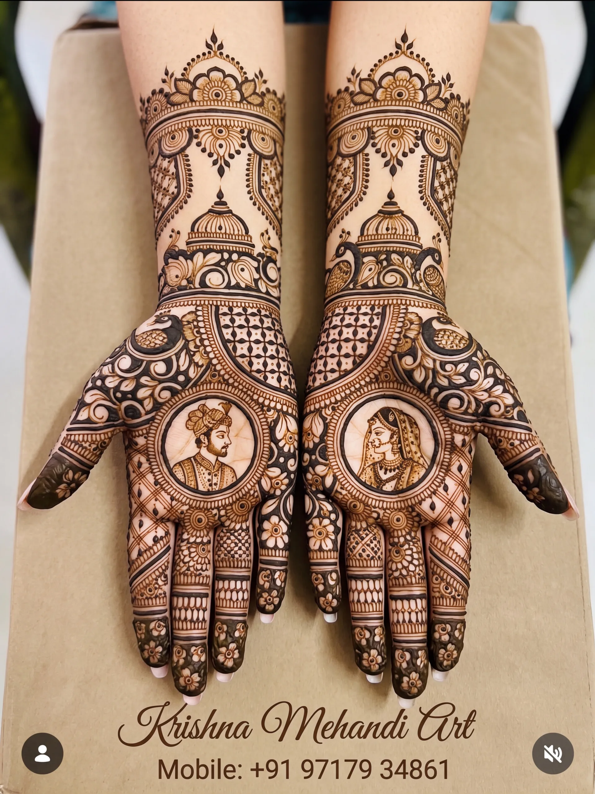 Intricate bridal mehndi design featuring symmetrical bride and groom portraits inside circular frames, surrounded by peacock motifs, created by top Chandigarh henna designer Krishna Mehandi Art.