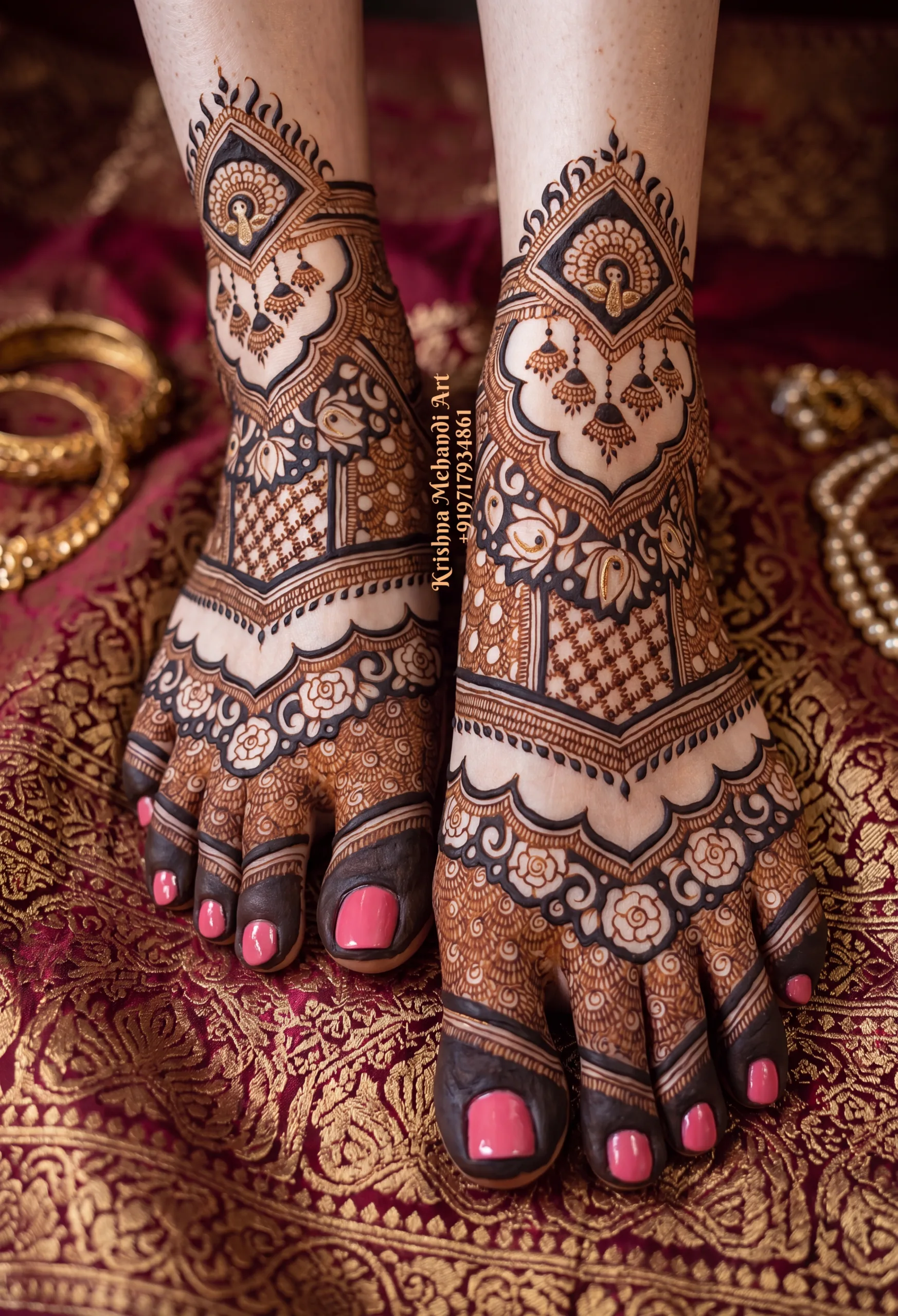 Symmetrical bridal foot mehndi design featuring lotus motifs and fine grid work, created by top Chandigarh henna designer Krishna Mehandi Art.